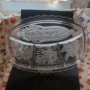Tiara Vintage Glass Divided Serving Tray. Etched Glass, 4 Parts, Above Avg Looks
